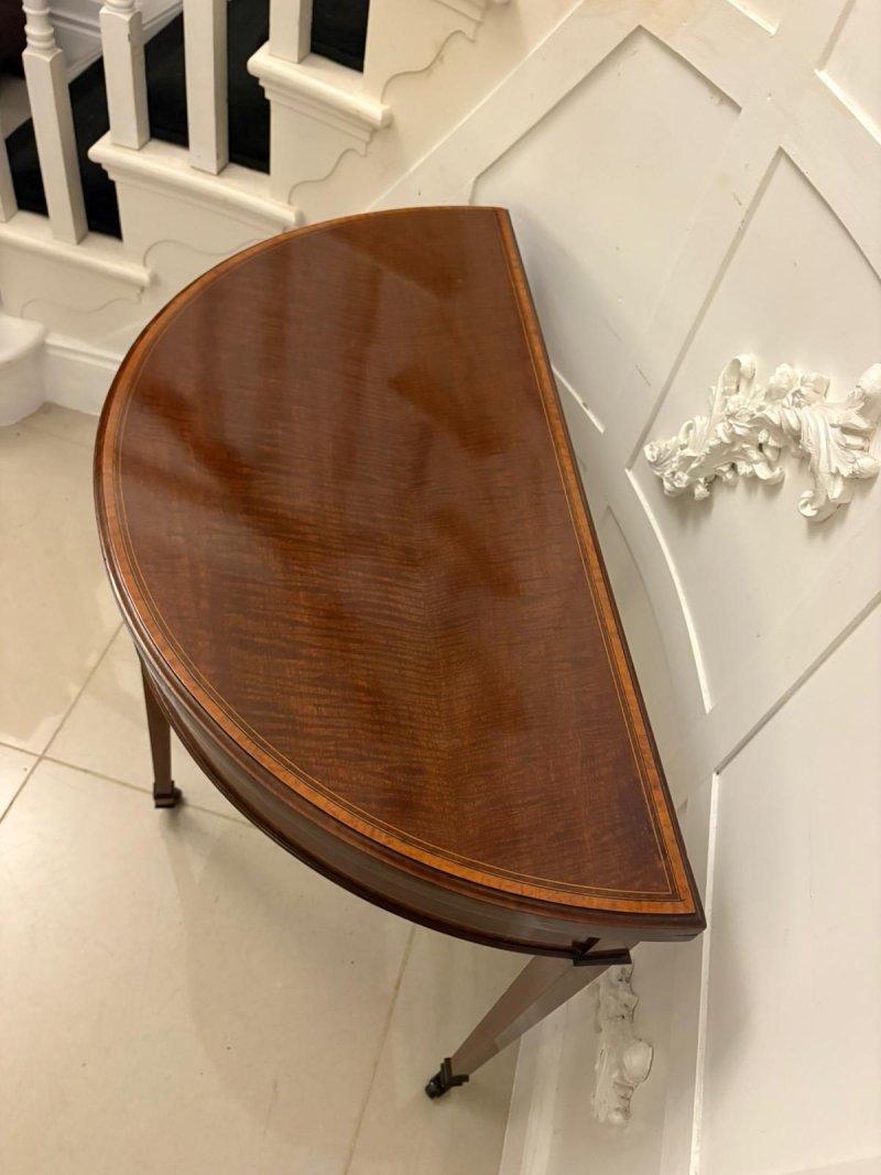 Elegant Late Victorian Antique Mahogany and Satinwood Inlaid  Demi-Lune Card/Console Table